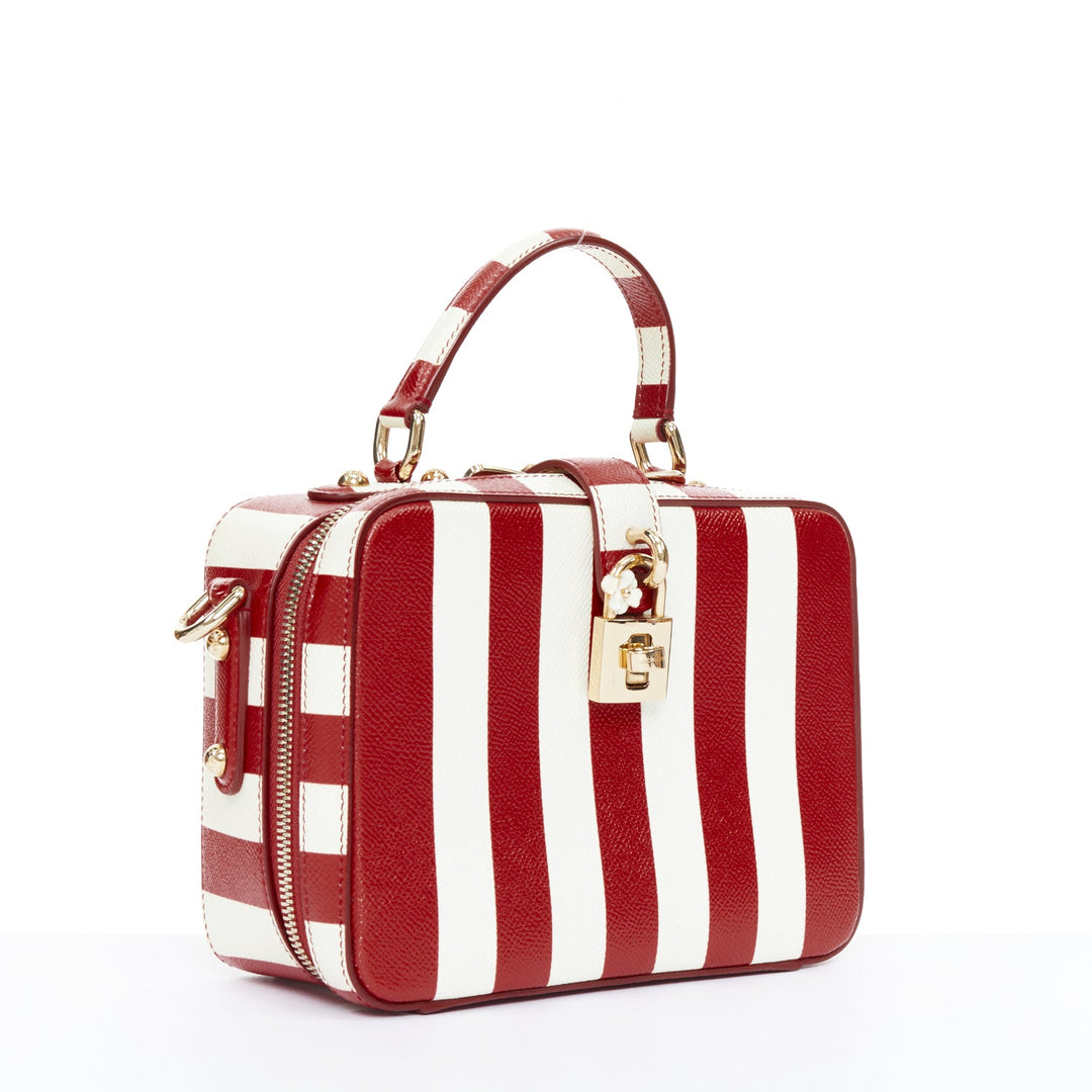DOLCE GABBANA 2016 Box Rosaria red white striped leather padlock bag