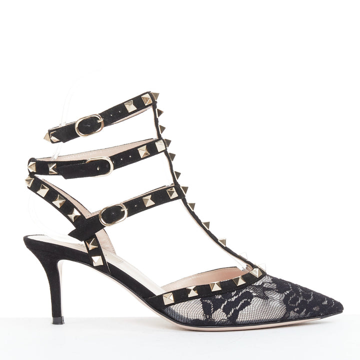 VALENTINO Rockstud black lace mesh suede gold stud pointy cage pumps EU37