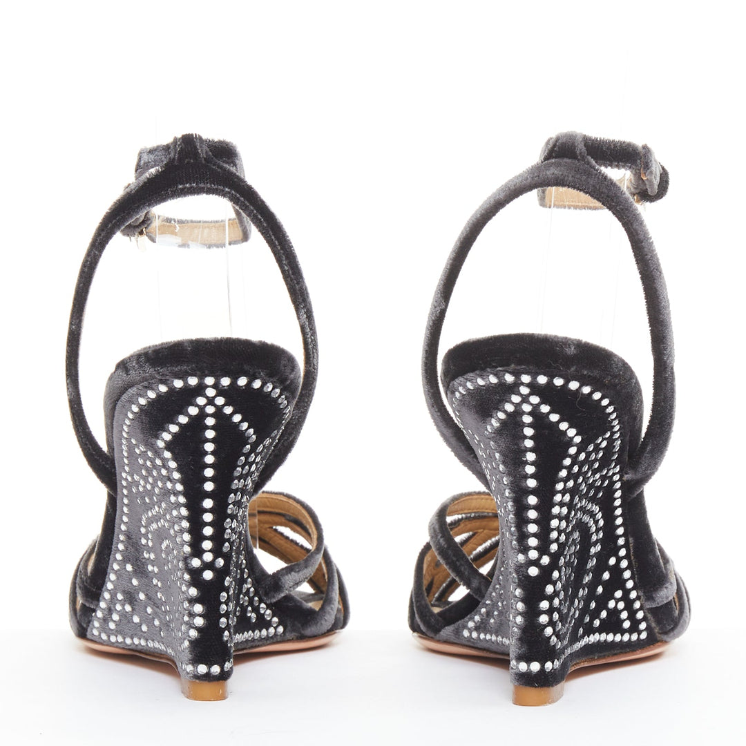 VALENTINO GARAVANI Vintage dark grey crushed velvet crystal wedge sandals EU36