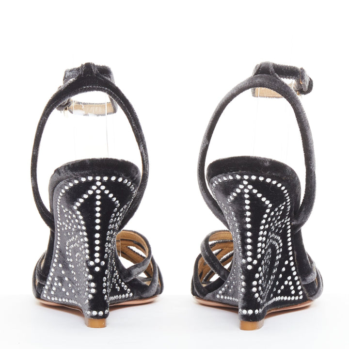 VALENTINO GARAVANI Vintage dark grey crushed velvet crystal wedge sandals EU36