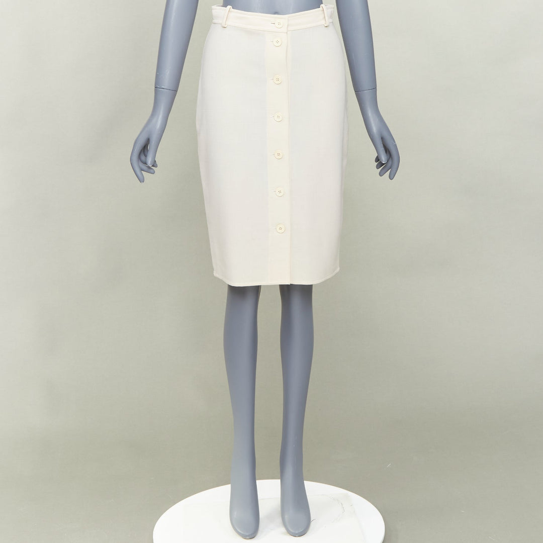 HERMES beige virgin wool blend button front high waisted pencil skirt FR34 XS