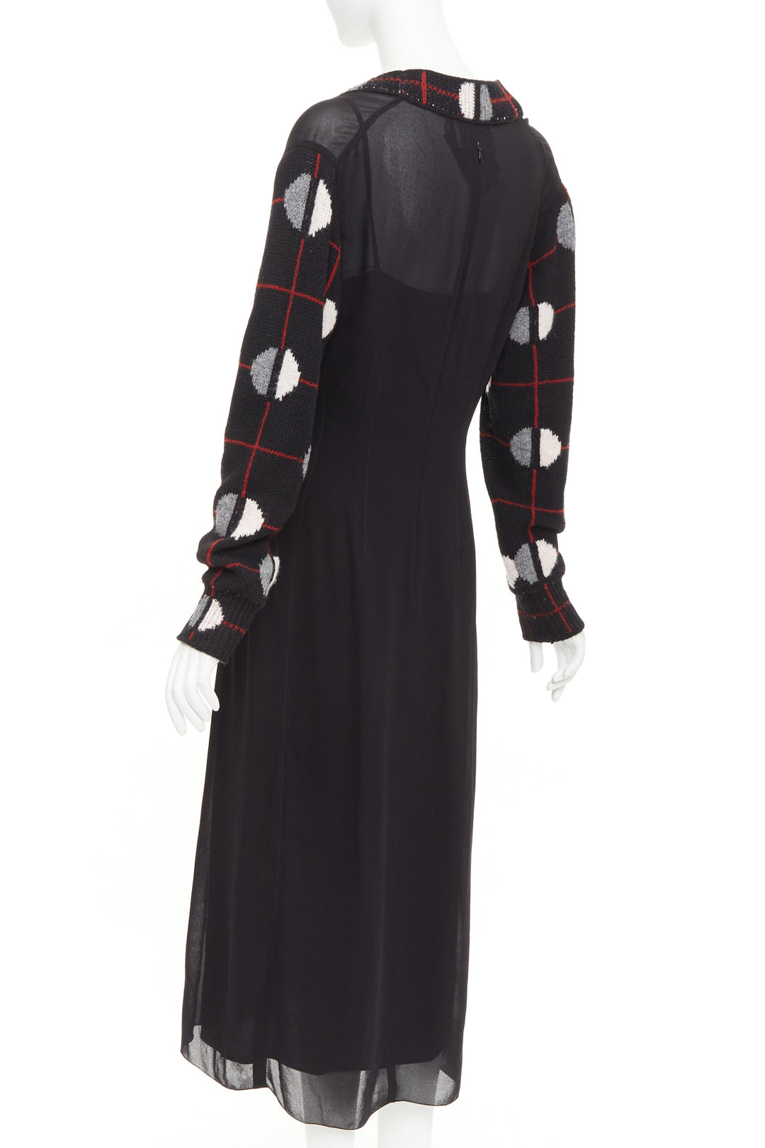 PRADA 2021 Runway black sable checkered wool sleeves V-neck midi dress IT38 XS