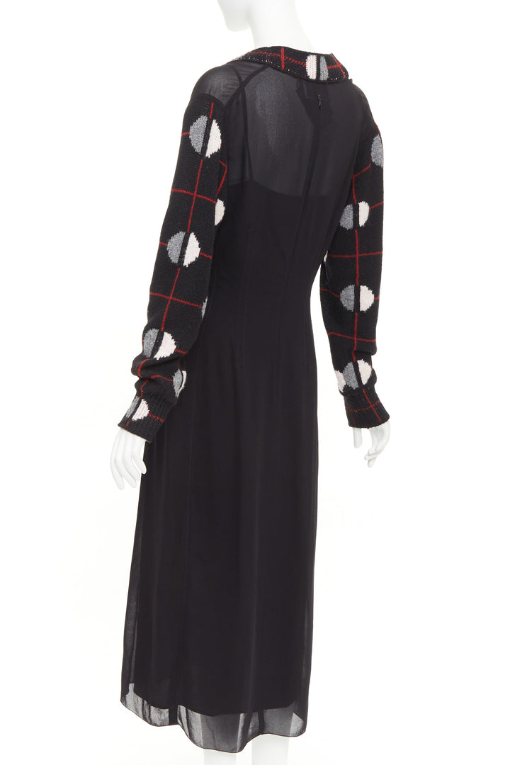 PRADA 2021 Runway black sable checkered wool sleeves V-neck midi dress IT38 XS