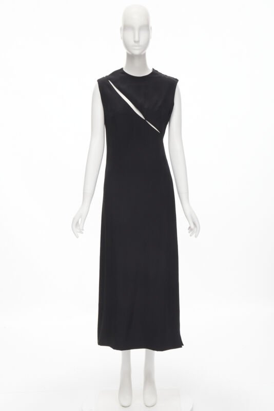 MADAME GRES Haute Couture Paris 1972 black crepe slash slit cut out dress M