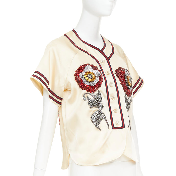 rare GUCCI 2016 Runway Crystal Rhinestone flower Loved baseball shirt IT38 XS