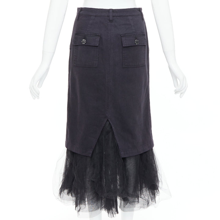 LE SUPERBE black denim tulle hem overlay crystal button midi skirt US0 XS