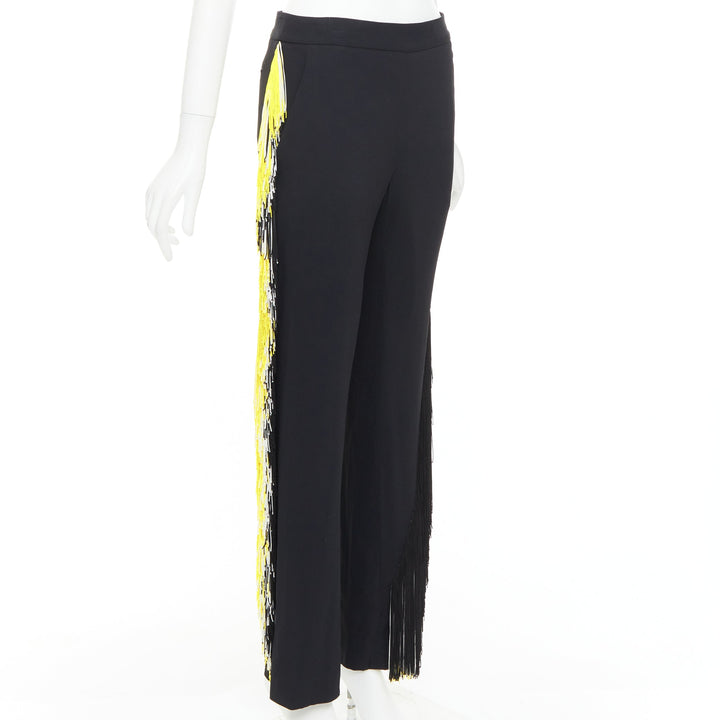 CHRISTOPHER KANE black georgette yellow white fringe trim trouser pants UK8 S