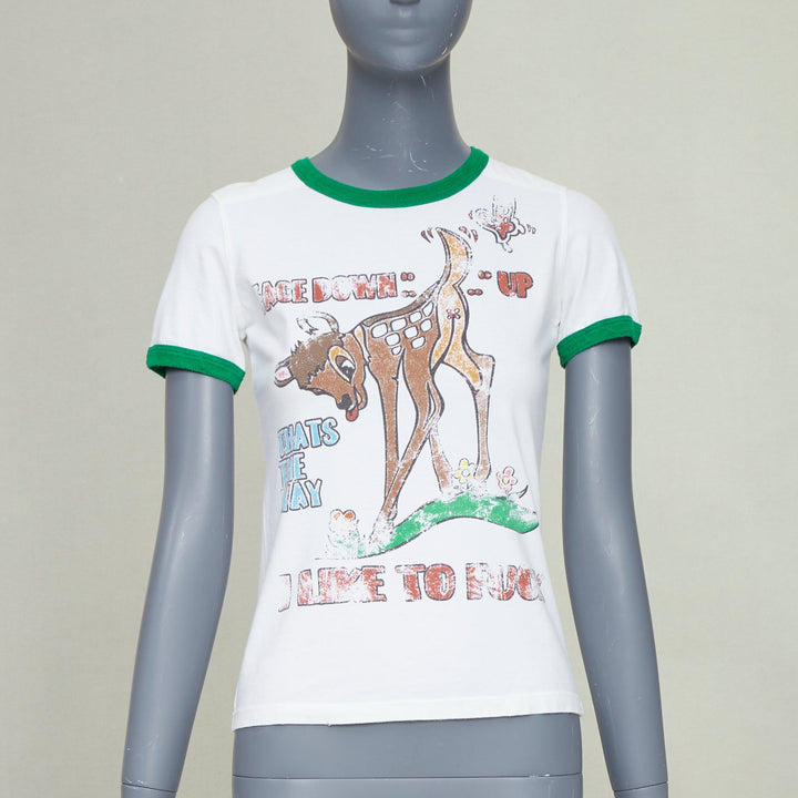 DSQUARED2 2003 white green trim Bambi profane pink crystal ringer tshirt M