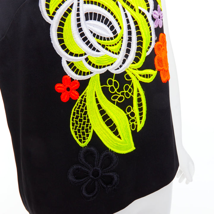 CHRISTOPHER KANE 2016 black neon floral embroidered front vest top UK12 L