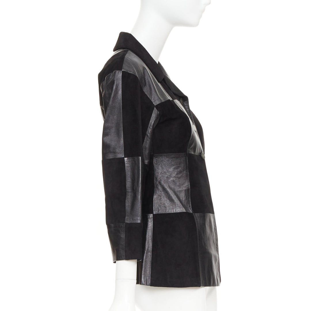 CHANEL Vintage black leather suede checkered patchwork CC blazer jacket
