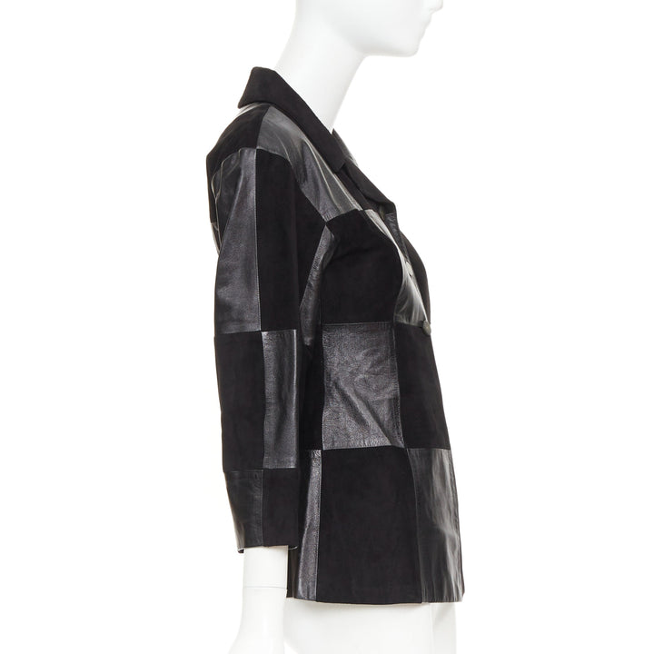 CHANEL Vintage black leather suede checkered patchwork CC blazer jacket