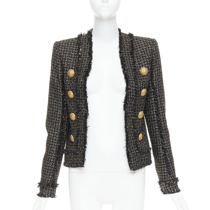 BALMAIN black gold tweed gold lion head buttons power jacket FR34 XS