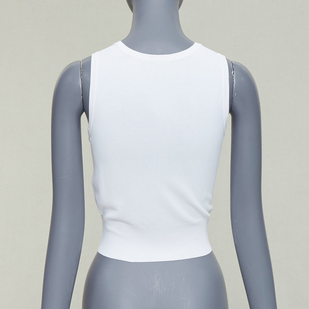 ALAIA white viscose blend sleeveless round neck ribbed hem crop vest FR36 S