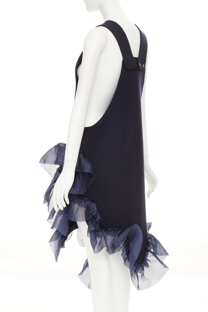 ROBERTS WOOD navy wool felt silk ruffle asymmetric shift dress S