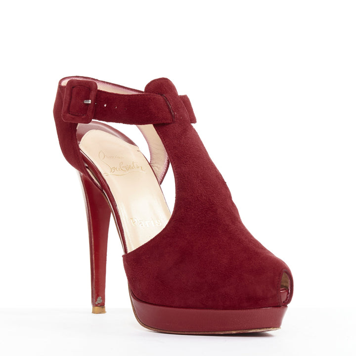 CHRISTIAN LOUBOUTIN Orlan 140 Suede dark red Tstrap platform buckle sandals EU38
