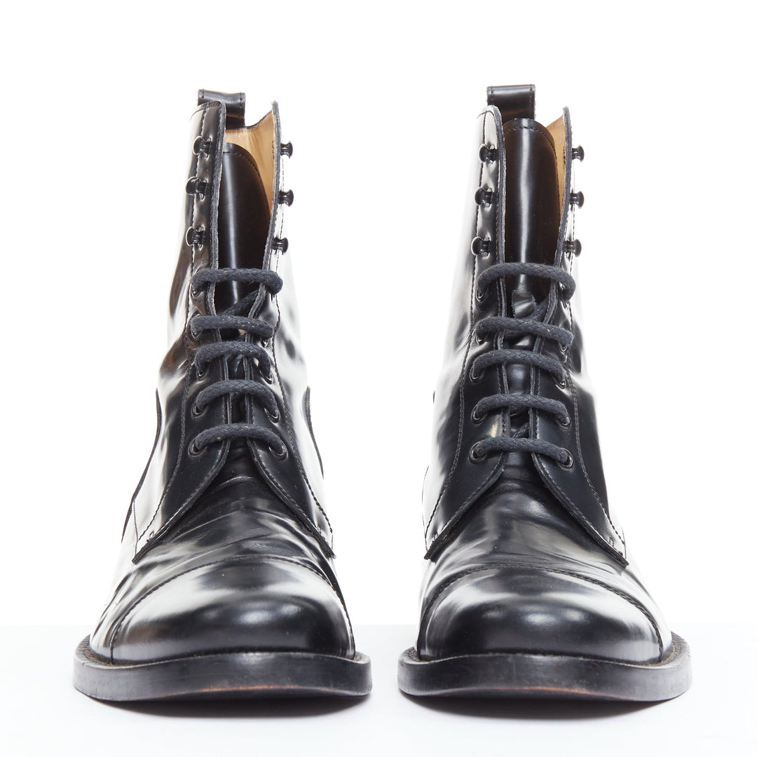 BALENCIAGA black polished leather lace up topstitch combat boots EU41