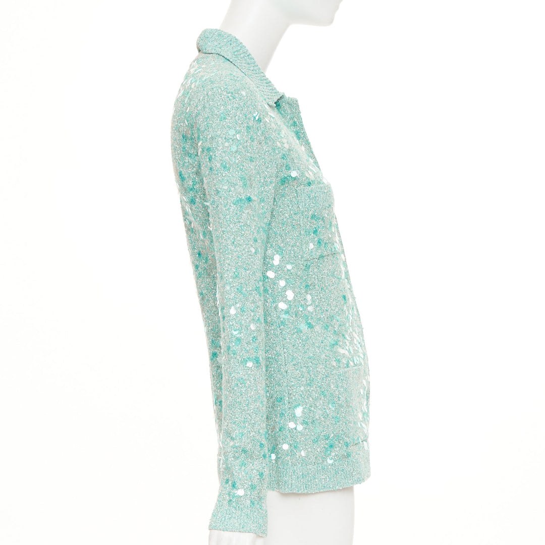 GUCCI 2024 Tweed Blend Polo acid turquoise sequin knit cardigan S