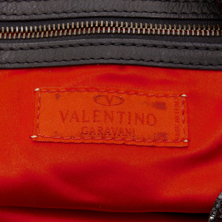 VALENTINO black shiny snakeskin leather bow side shoulder hobo bag