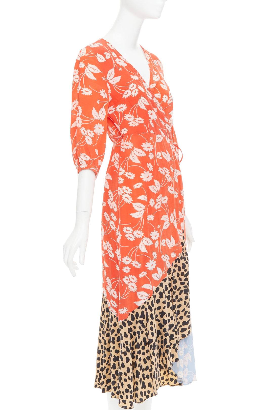 RIXO Noleen 100% silk coral red leopard floral print patchwork wrap dress S