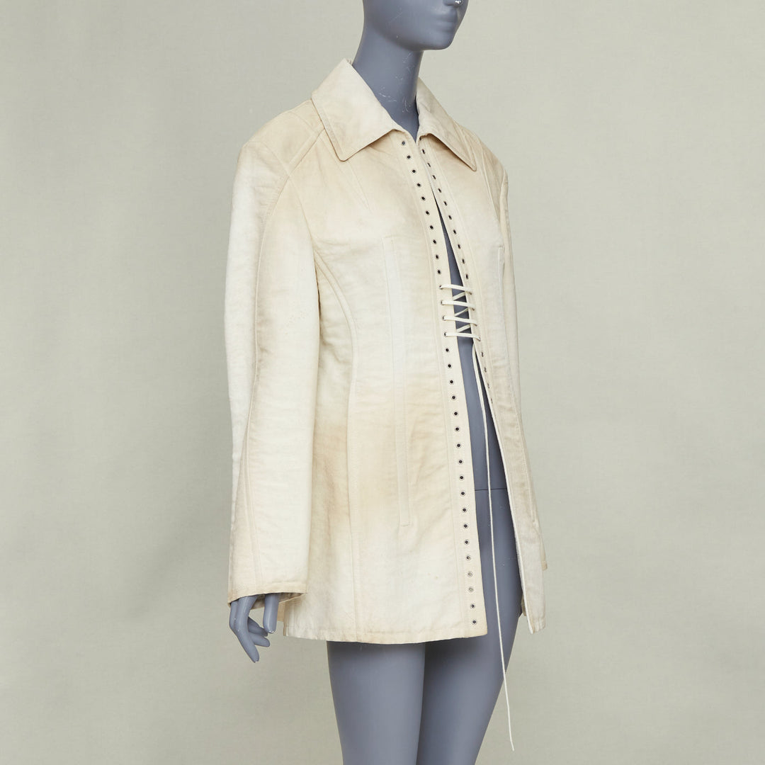 PRADA 2022 Runway Slub beige wash effect canvas lace up corset jacket IT36 XXS