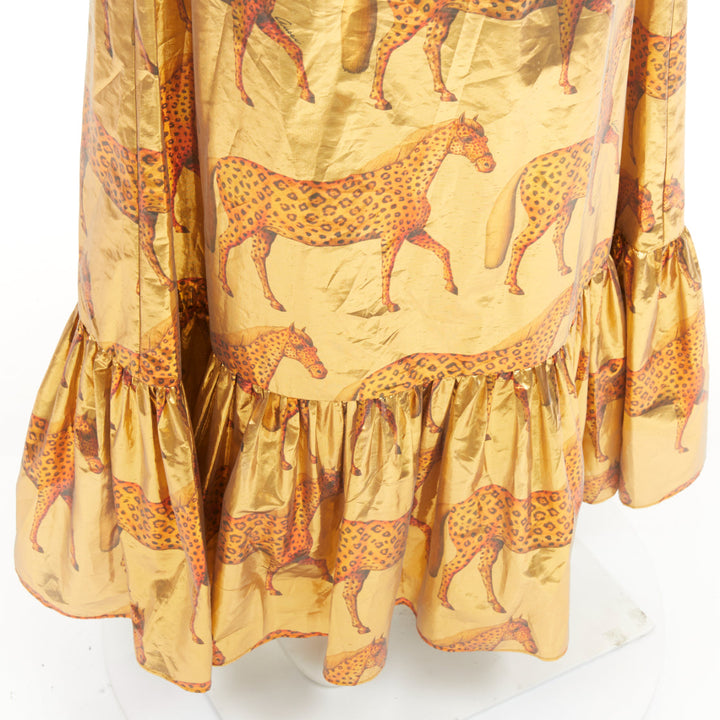 GUCCI 2016 horse metallic gold lurex cheetah animal ruffle maxi skirt IT38 XS