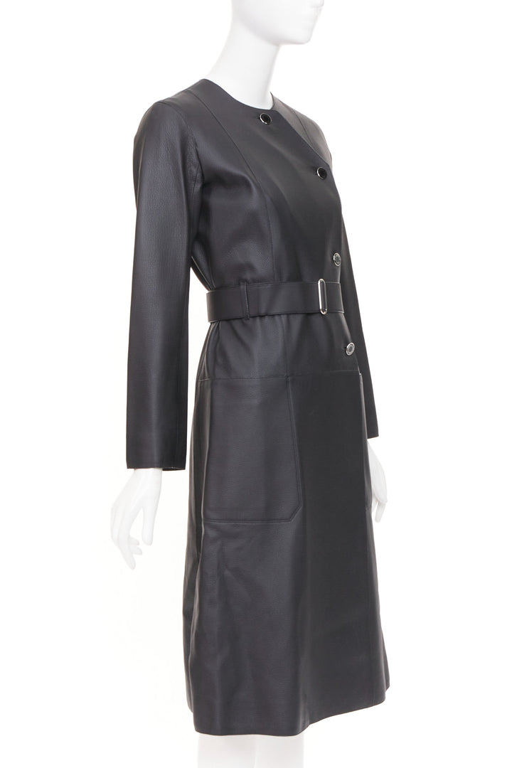 HERMES deerskin asymmetric snap button collared belted long leather coat FR34 XS