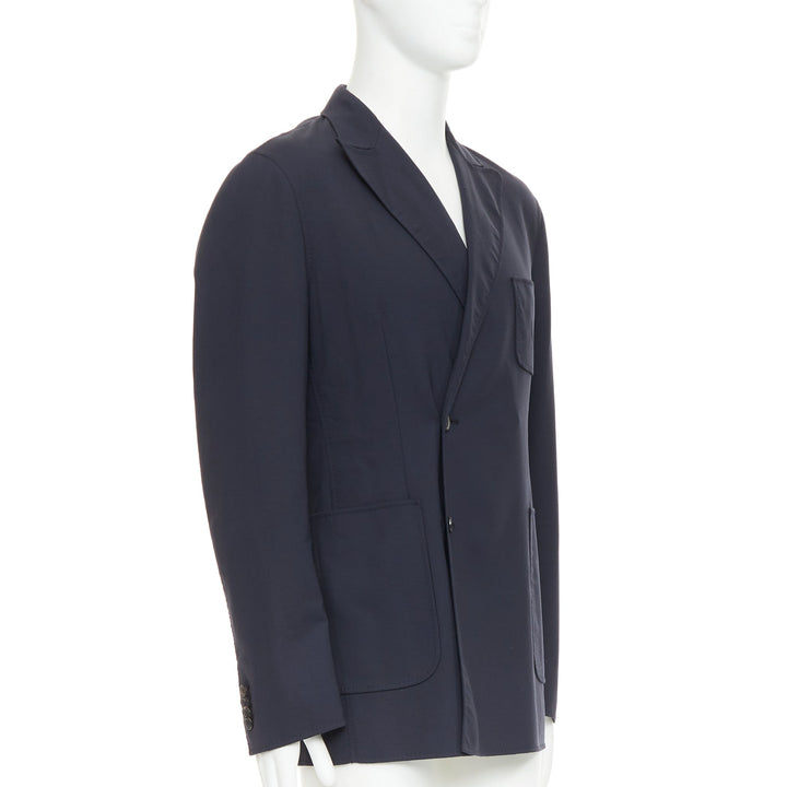 RAF SIMONS black virgin wool off centre buttons patch pocket long blazer IT48 M
