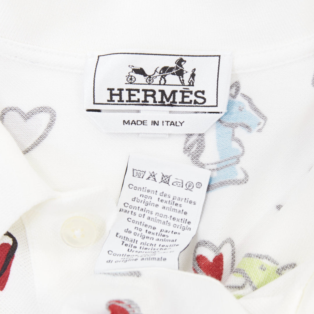 HERMES 2022 white multicolor animal chess print playgrounds cotton polo shirt S