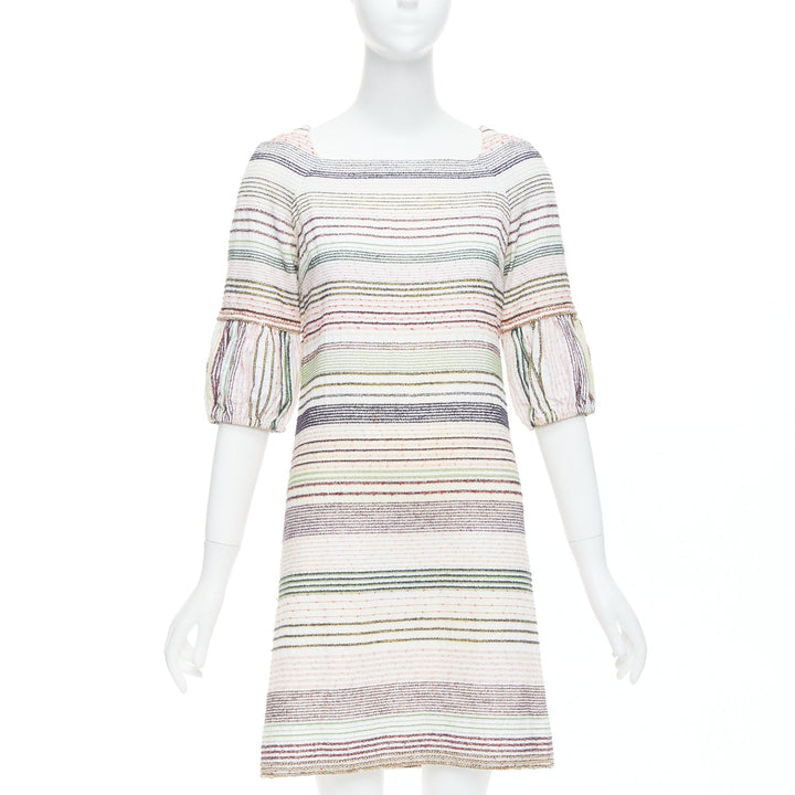 CHANEL 07A Runway white multicolor tweed chain trimmed sleeve dress FR36 S