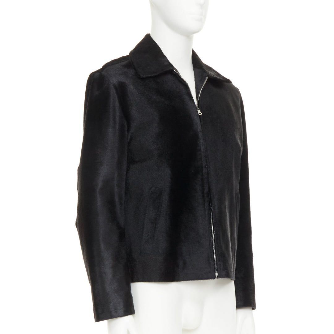 PRADA 1990s Vintage black horsehair leather pocketed boxy minimal jacket IT48 M