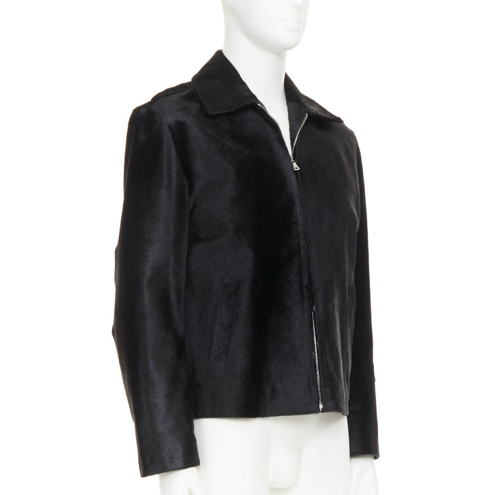 PRADA 1990s Vintage black horsehair leather pocketed boxy minimal jacket IT48 M