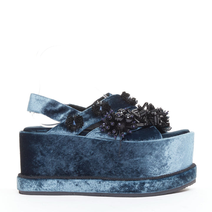 BIYAN blue velvet black beads sequin embellished platform wedges shoes EU39