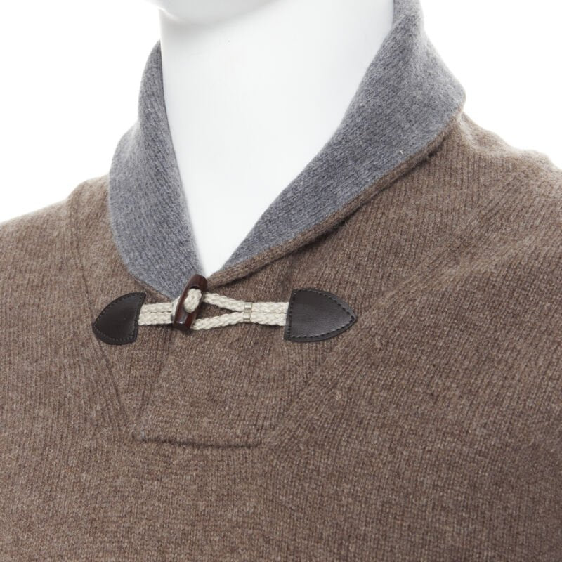 HACKETT Merino Cashmere brown grey shawl collar toggle pullover sweater XS