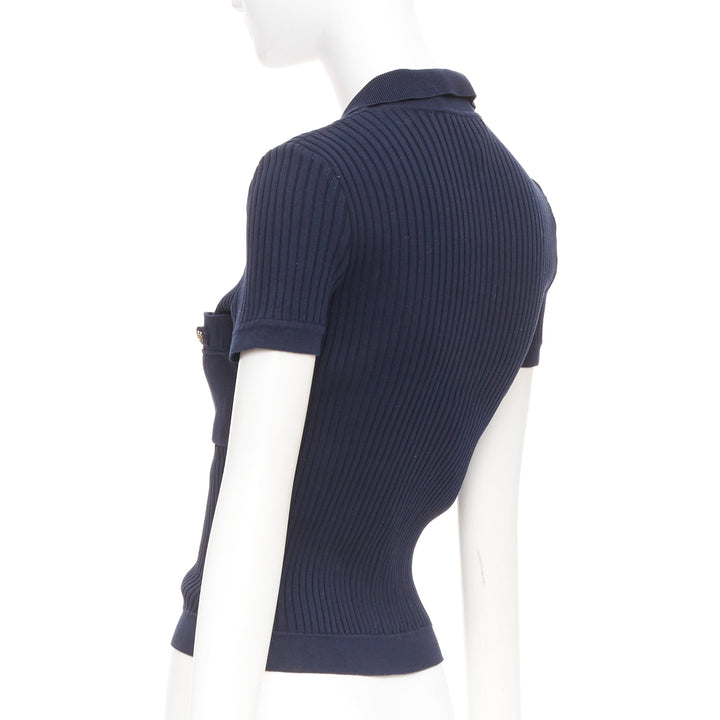 CHANEL 1997 Vintage navy cc logo button pocket collared polo knitwear top FR36 S