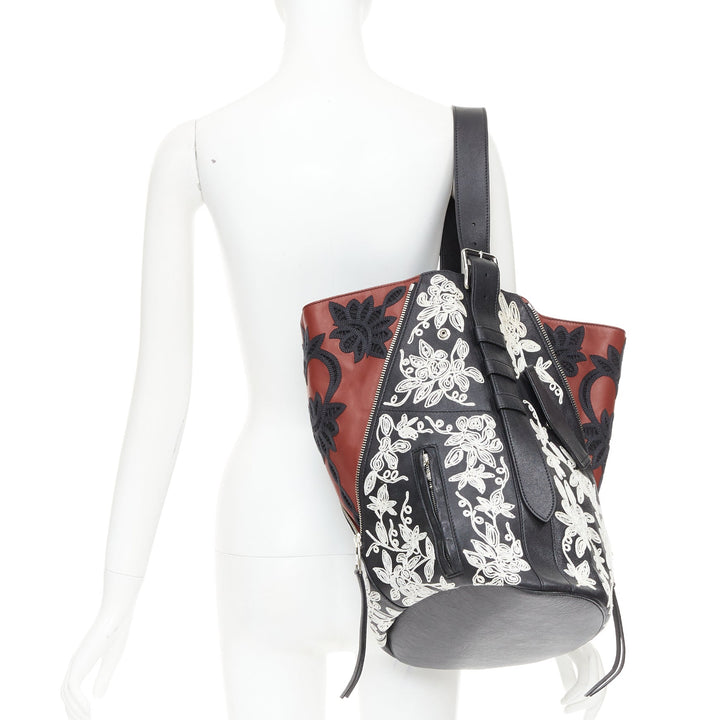 rare ALEXANDER MCQUEEN black white floral embroidered red plaid biker hobo bag