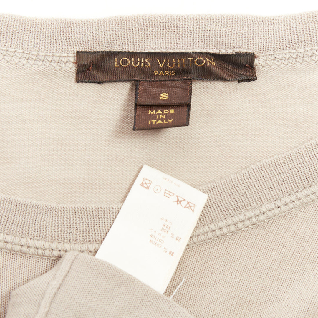 LOUIS VUITTON taupe cotton silk LV logo long sleeve fine knit sweater S