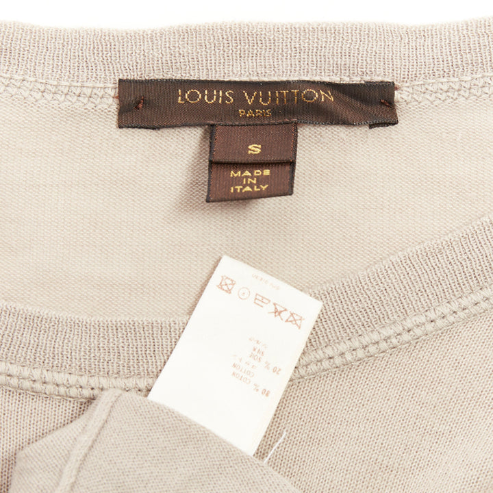 LOUIS VUITTON taupe cotton silk LV logo long sleeve fine knit sweater S