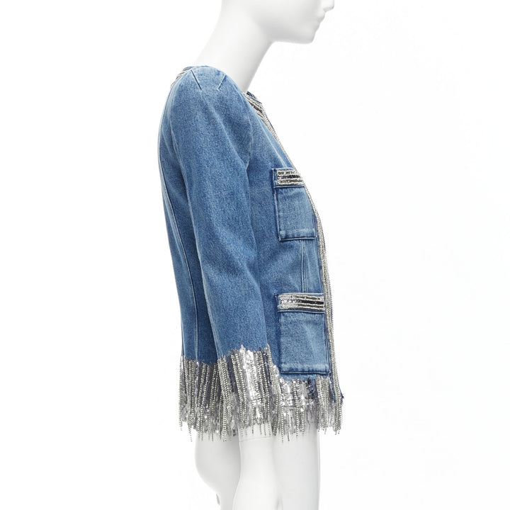 BALMAIN blue washed cotton denim silver crystal embellished trim jacket FR36 S