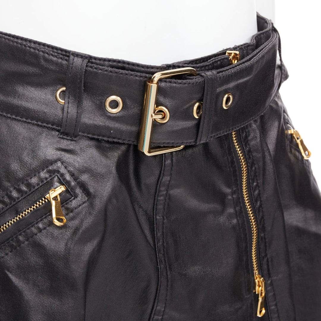 MOSCHINO black coated cotton gold hardware biker skater skirt  IT38 XS