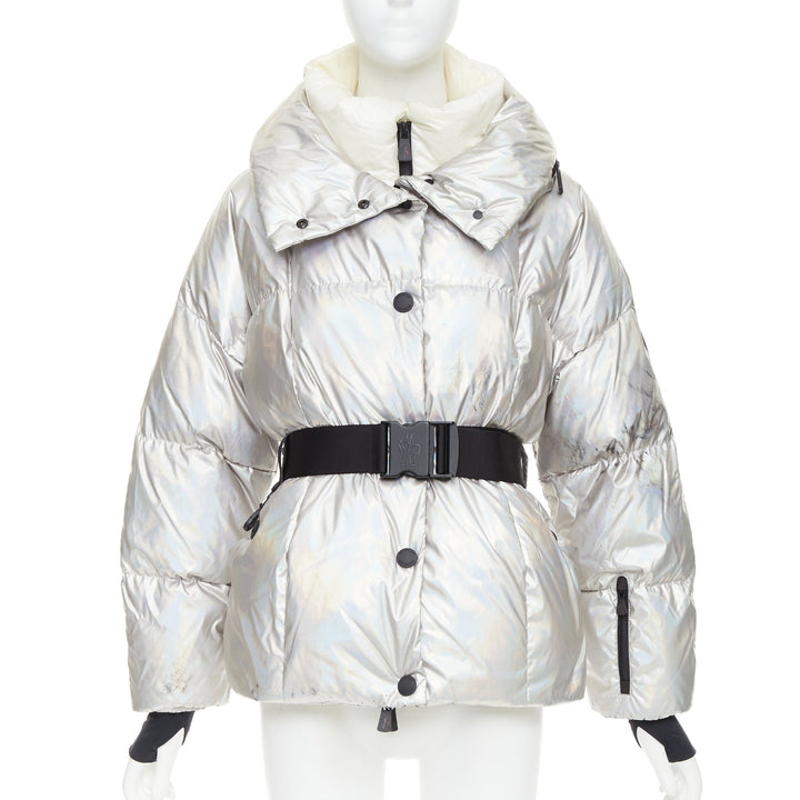 MONCLER Ollignan holographic silver duo collar belted puffer ski  jacket Sz.0 XS