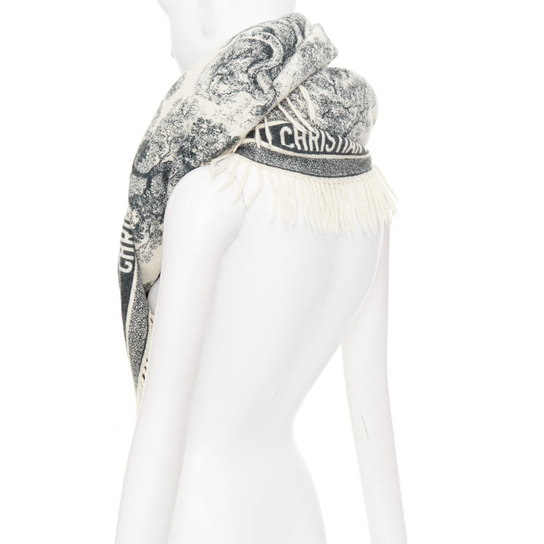 DIOR 2019 Toile De Jouy black cream wool large fringed blanket shawl throw