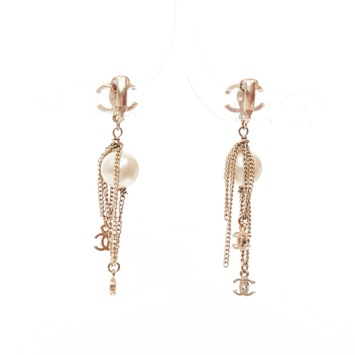 CHANEL 09A gold triple CC logo faux pearl PVC drop clip earrings Pair