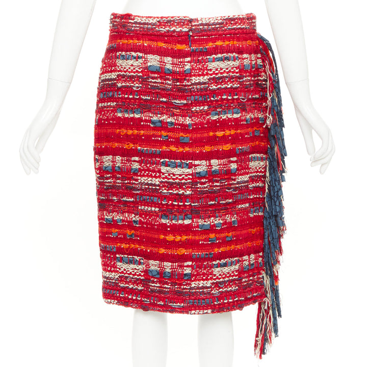 CHANEL 2013 Paris Dallas red multicolor cotton tweed fringe wrap skirt FR40 L