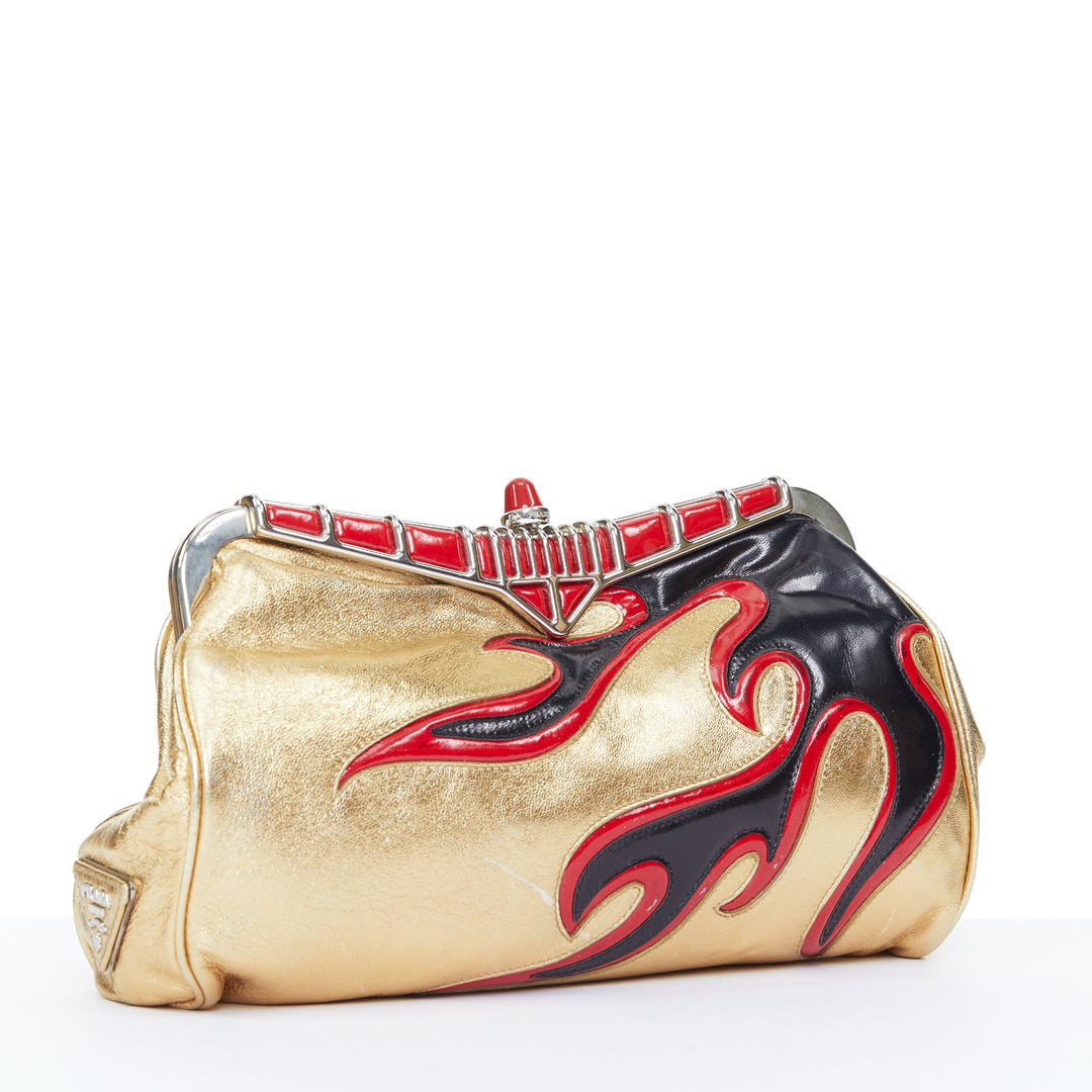 PRADA 2012 Runway hot rod metallic gold leather flame detail clutch bag