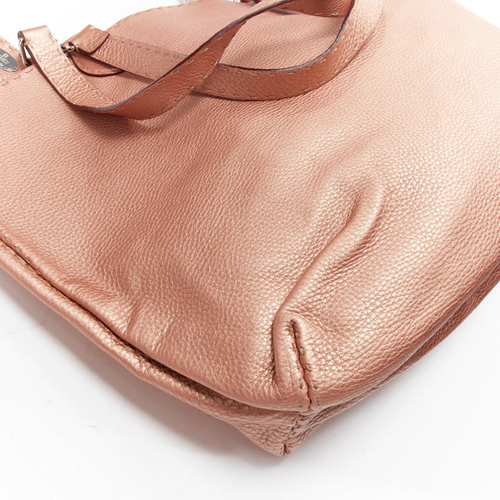 FENDI Selleria metallic rose bronze grained leather signature stitch tote bag