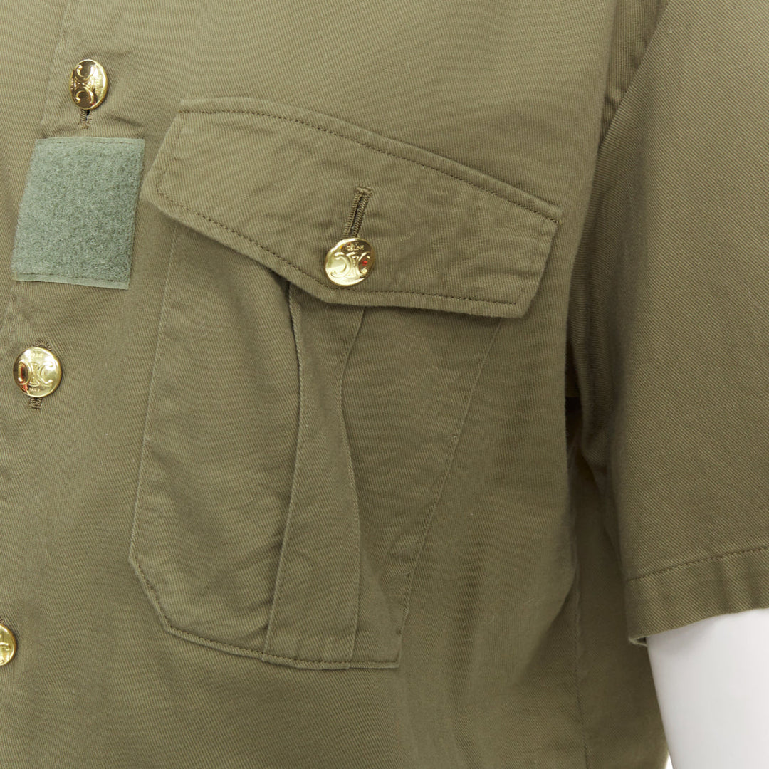 CELINE khaki green cotton gold Triomphe button military cropped shirt FR36 S