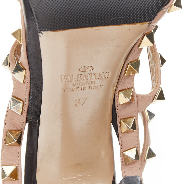 VALENTINO Rockstud black leather poudre cage stiletto pumps EU37 US7