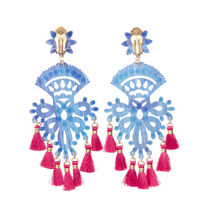 MERCEDES SALAZAR red blue acrylic beads tassel dangling clip on earrings Pair