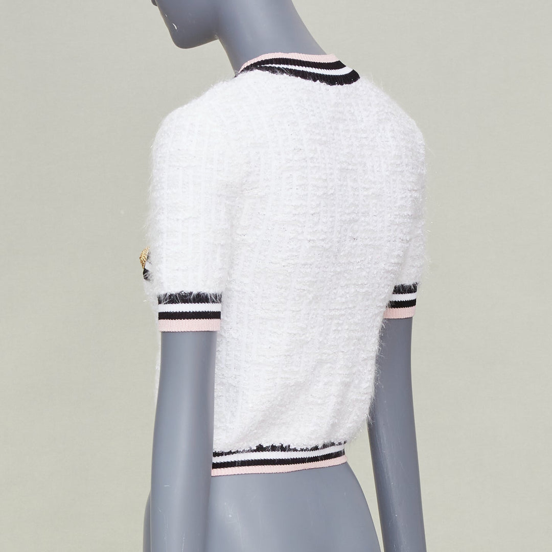 BALMAIN 2024 maze knit striped border short sleeve lion button cardigan FR34 XS