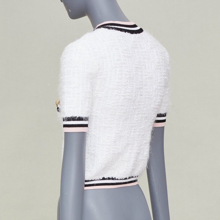 BALMAIN 2024 maze knit striped border short sleeve lion button cardigan FR34 XS